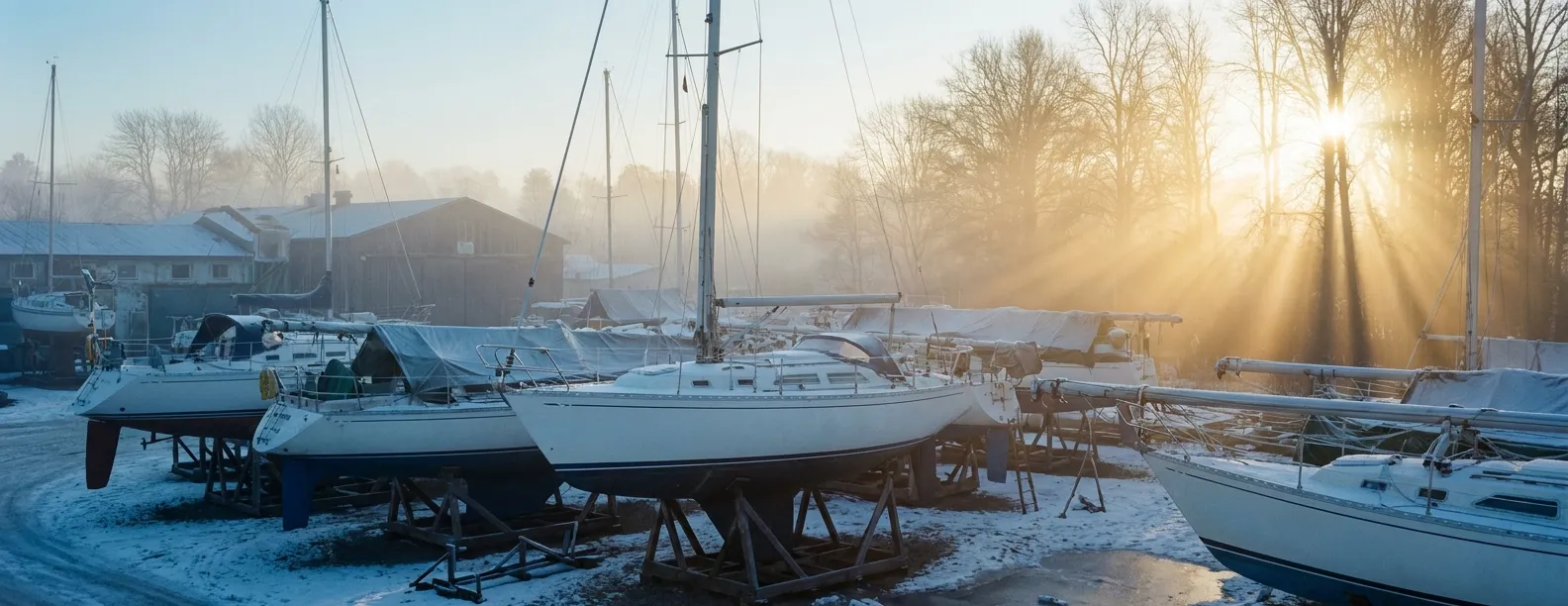 Zeiljachten op bokken in een winterstalling bij zonsopkomst