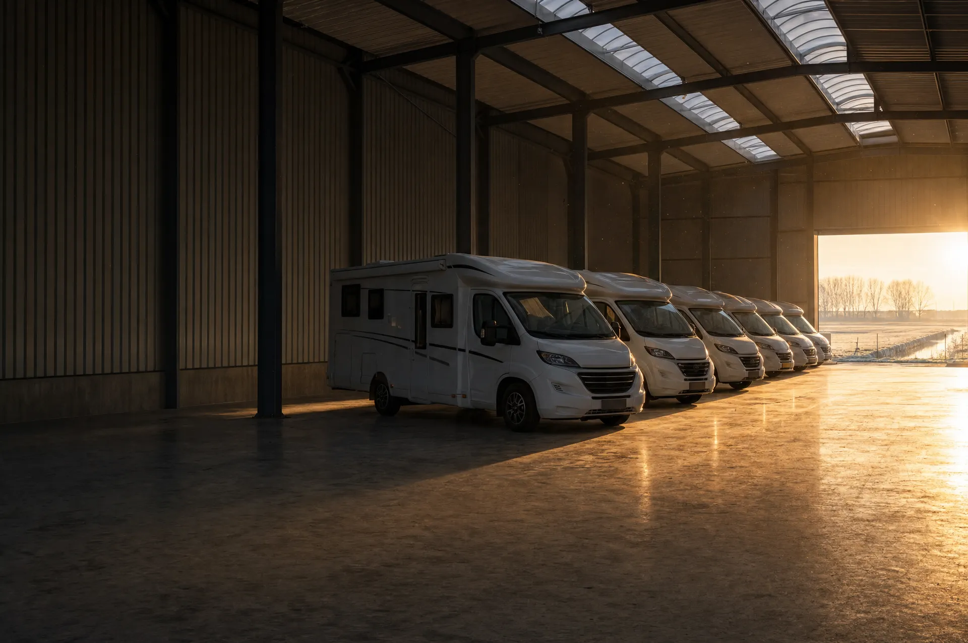 Rij campers in een dichte stallingsloods met lichtstraten