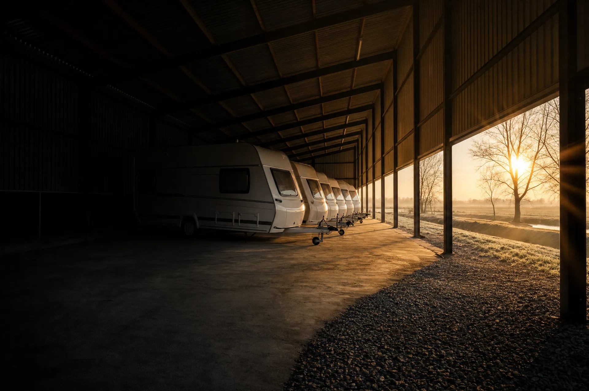 Rij toercaravans in een open stallingsschuur bij zonsopkomst